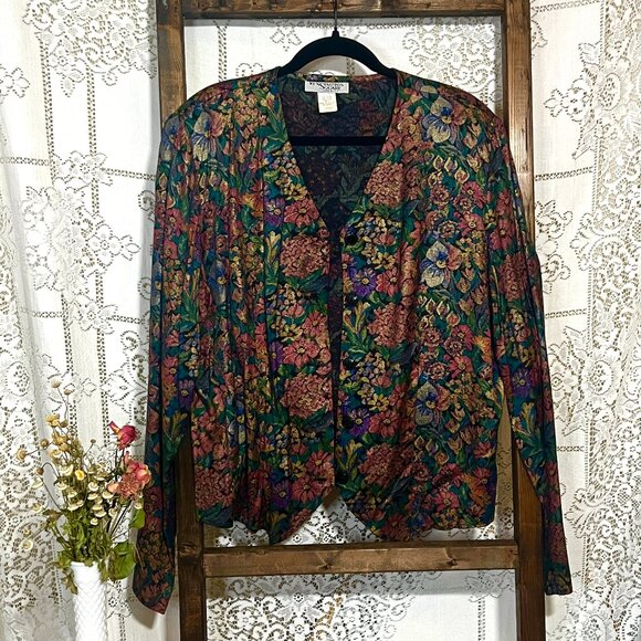 Vintage 1990s 80s Floral Kensington Square Long Sleeved Vest Jacket Top - Size L - Picture 4 of 11